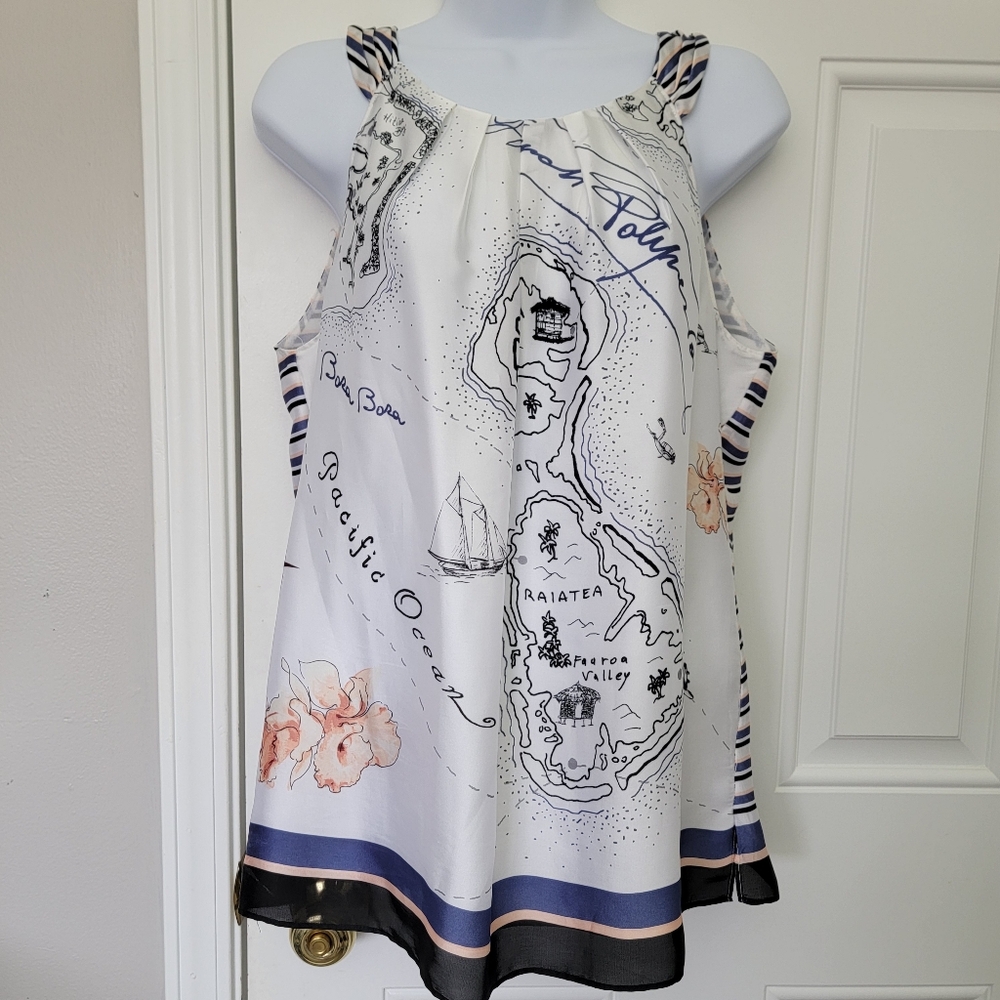 WHBM Pacific Ocean Travel Print Tie Neck Halter Satin Tiki Bora Bora Size Medium